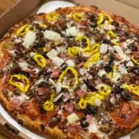 The Works Pizza · Our Homemade Red Pizza Sauce, Freshly Shredded Mozzarella, Fresh Green Peppers, Fresh Mushro...