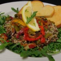 Protein Power Bowl (Vegan) · Who ever heard of a hot salad? Our salad blend of healthy grains (red rice, brown rice, red ...