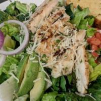 GF Grilled Chicken Salad · Garden greens, broccoli, tomato, cucumber, red onion, avocado and grilled chicken breast.  S...