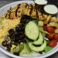 The Bombshell Salad · BBQ ranch chicken salad lettuce, tomatoes, corn,black beans and fresh cucumbers with our BBQ...