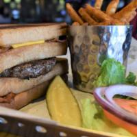 Gung Ho Burger · Let's star with a bacon grilled cheese sandwich, top that with our Angus burger, lettuce, to...