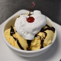 Ice Cream Topped with Chocolate Sauce, Whipped Cream & a Cherry · 