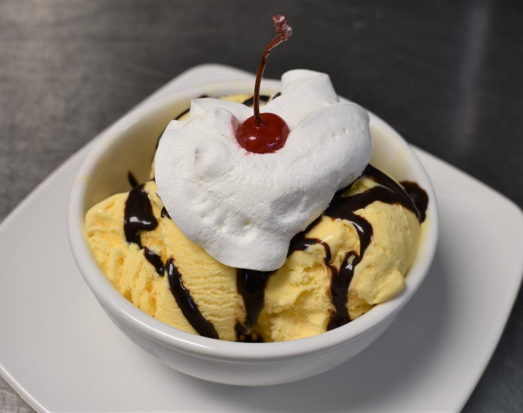 Ice Cream Topped with Chocolate Sauce, Whipped Cream & a Cherry · 
