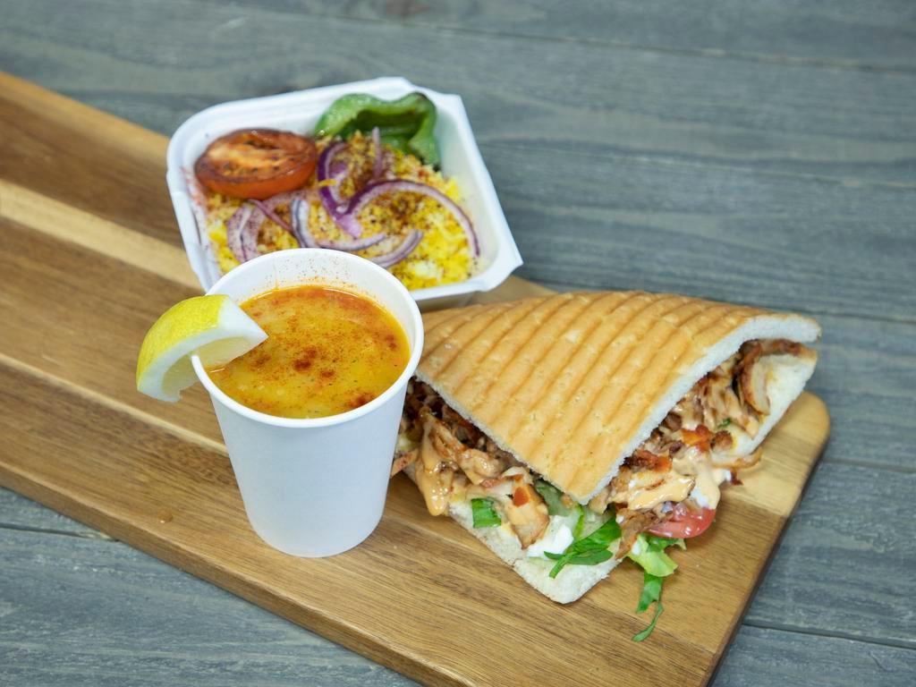 Doner Kebab Sandwich · Toasted focaccia bread, fresh salad, veggies, delicious sauces and your choice of protein.