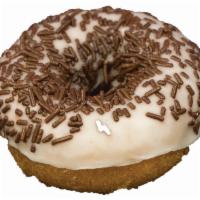 Vanilla Frosting Chocolate Sprinkle Cake Donut · 
