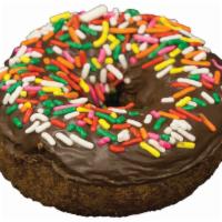 Chocolate Frosting Rainbow Sprinkle Devil Food Cake Donut · 