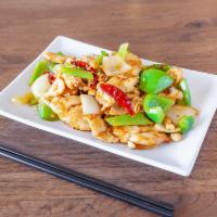 Kung Pao Chicken  · Sauteed chicken, bell peppers, onions, chili peppers, peanuts.