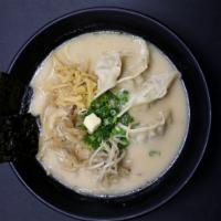 Gyoza Tonkotsu Ramen · 4PC of Gyoza, Bamboo Shoot, Yellow Onion, Bean Sprouts, Corn, Seaweed, Green Onion