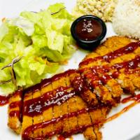 Pork Katsu · Deep Fried pork cutlet. Served with a side of Steam Rice and side of garden Salad. Top with ...