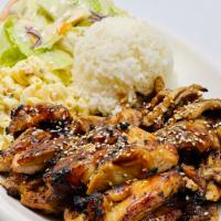 Chicken and Pork Teriyaki  ·  Portion of Beef and chicken top with teriyaki Sauce and Sesame seeds. Combo comes with a si...