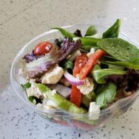 Greek Escape Salad · Romaine or mixed greens, cherry tomatoes, cucumber, peppers, red onions, feta cheese and oli...