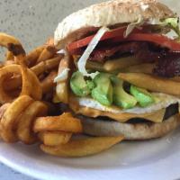8 oz. Die Happy Burger  · American cheese, bacon, fried egg, avocado, french fries, lettuce, tomato, and mayo. 