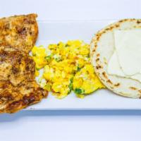 Desayuno Ejecutivo 2 · Cheese corn cake, Colombian style eggs and steak or grilled chicken.