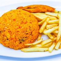 Arroz con Pollo · mix rice with shredded chicken served with French fries