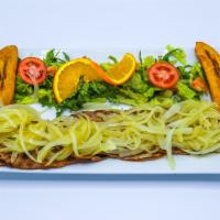 Carne Asada encebollada · grill steak with onions, rice, beans, sweet plantain, and salad