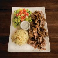 Lamb Beef Gyros Plate · Slow cooked, thinly sliced, marinated lamb-beef. Served with pita bread, salad and rice.