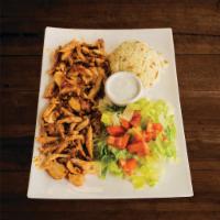 Chicken Gyros Plate · Slow cooked, thinly sliced and marinated chicken. Served with pita bread, salad and rice.