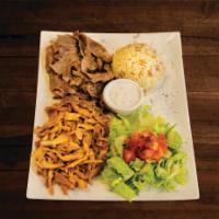 Combo Gyros Plate · Slow Cooked thinly sliced marinated chicken, lamb-beef. Served with pita bread, salad and ri...