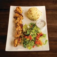 Chicken Shish Kebab Plate · Char grilled skewer of marinated chicken cubes. Served with pita bread, salad and rice.