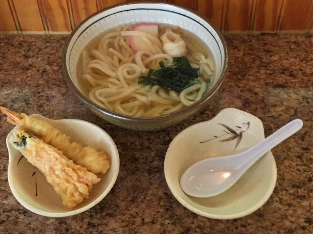 D8. Tempura Udon Dinner · Noodles with shrimp and crabstick tempura in soup. 