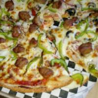 Luciano Special Pizza · Italian sausage, ham, pepperoni, mushrooms, green peppers, black olives and onions.