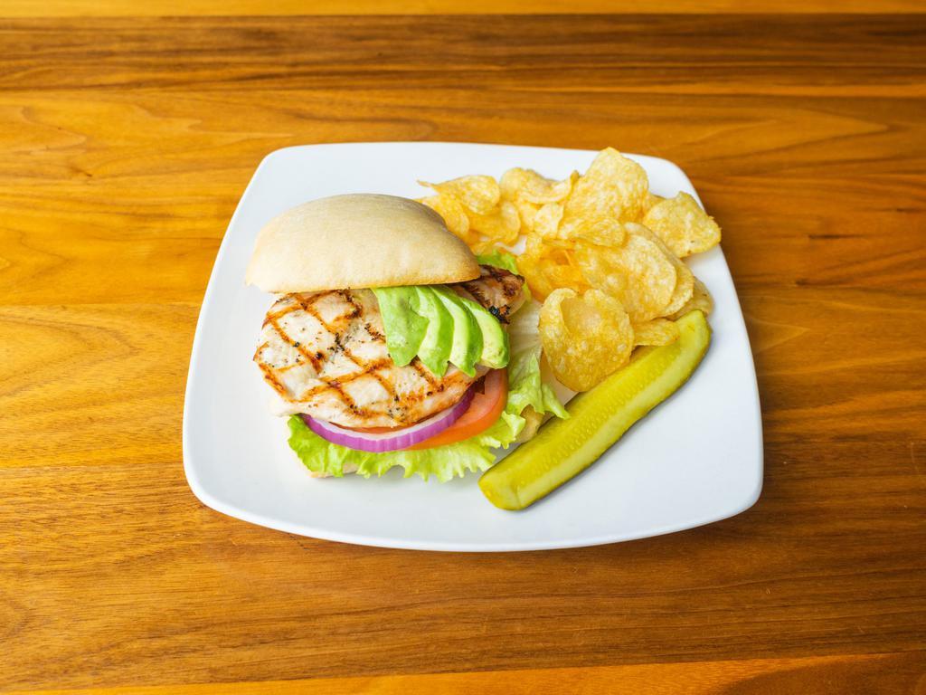 Californian Chicken Sandwich · All-natural chicken breast served on a warm artisan roll and topped with avocado, lettuce, tomato and red onion. Gluten-free bun available for an additional charge.