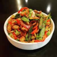 Stir Fry · Chicken, veggies, Napa cabbage, peanuts, chow mein noodles, and house Teriyaki sauce over ri...