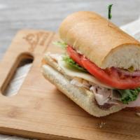 ABC Sandwich · Roast beef, turkey, ham, provolone, pepperoncini, lettuce, tomato, red onion, mayo and spicy...