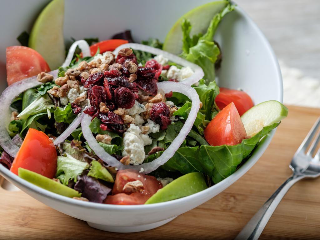 Balsamic Bleu Salad · Mixed greens, walnuts, dried cranberries, bleu cheese crumbles, apples, tomatoes, red onion and balsamic vinaigrette. Served with fresh baked bread.