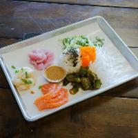 Chef’s Choice Sashimi Platter · Chef's choice sashimi, sushi rice, daikon, bokchoy, masago, Juan's sauce. Serves 2-3 approx ...
