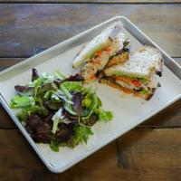 Confit Tuna Sandwich · Albacore, house giardiniera, avocado, spring mix, cucumber, paprika-ginger aioli, and noble ...