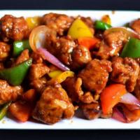 Chili Chicken  · Deep-fried chicken pieces tossed in a chef special sweet-sour chili sauce with onions, bell ...