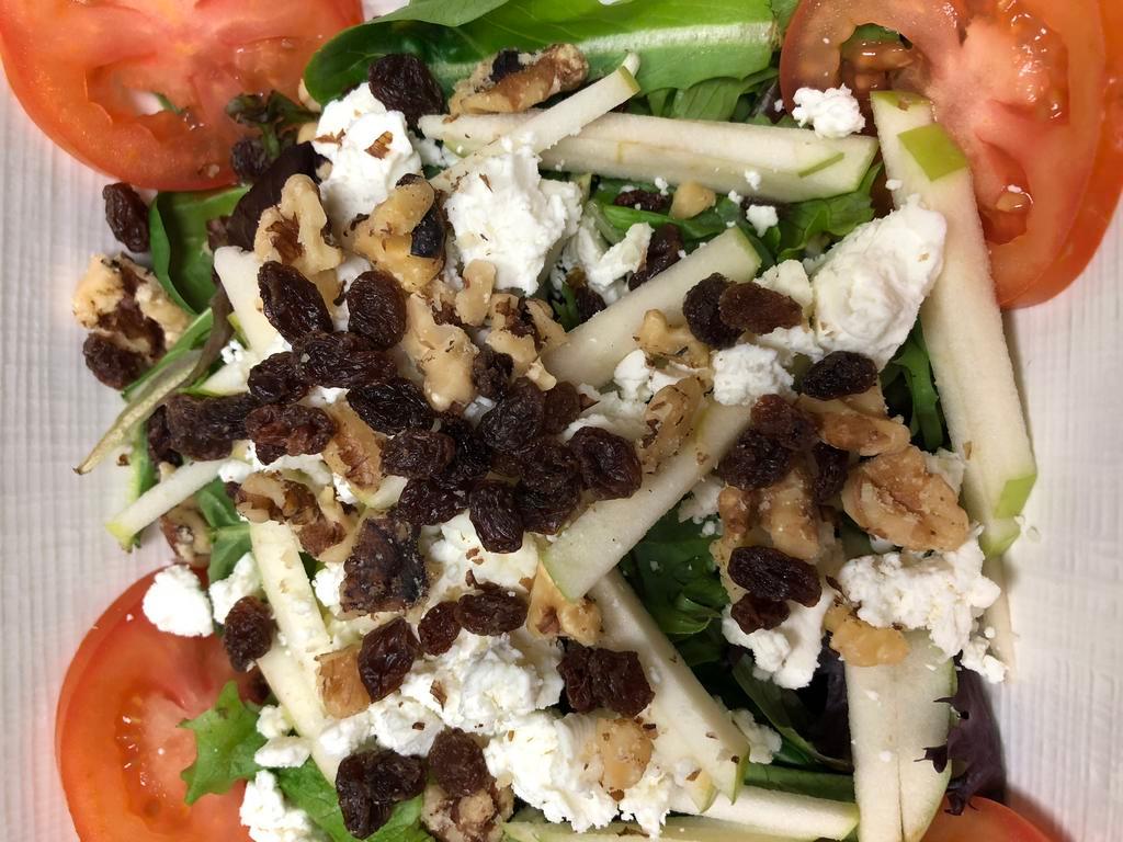 Goat Cheese Salad · Baby greens, apples, goat cheese, walnuts, raisins and tomatoes. 