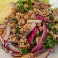 Larb · Minced chicken, pork, beef, tofu or mock duck, shrimp for an additional charge sauteed and t...
