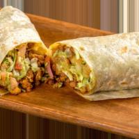 Adobada Burrito · Marinated red pork, pico de gallo, guacamole, cabbage.