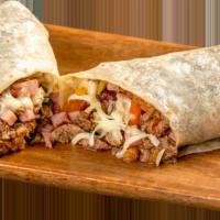 Patron Burrito · Carne asada, bacon, ham, pico de gallo, and Monterey Jack cheese.