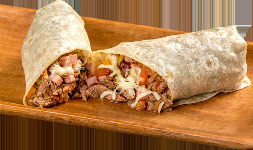 Patron Burrito · Carne asada, bacon, ham, pico de gallo, and Monterey Jack cheese.
