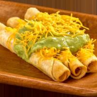3 Rolled Tacos Cheese with Guacamole · Shredded beef rolled tacos topped with guacamole and cheese.