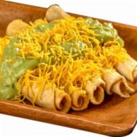 5 Rolled Tacos Cheese with Guacamole · Shredded beef rolled tacos topped with guacamole and cheese.