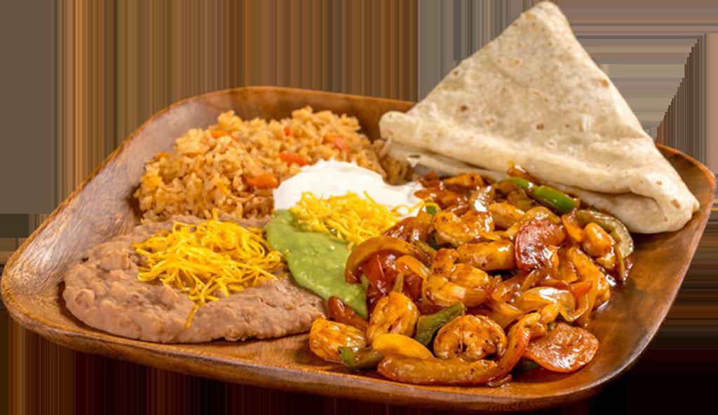6. Camarones Rancheros Platter · Grilled shrimp mixed with onion, bell pepper, tomato, and red sauce, topped with guacamole and sour cream.