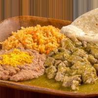 11. Green Chile Plate · Pork in green sauce. Comes with 1 flour tortilla.