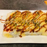 Crunch Sumo Special · Crab, shrimp tempura, avocado, and cucumber topped with tempura flakes, and special sauce.