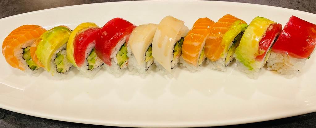 Rainbow Sumo Special · Raw. Crab, cucumber, and avocado topped with tuna, salmon, red snapper, white tuna, cooked shrimp ponzu sauce.