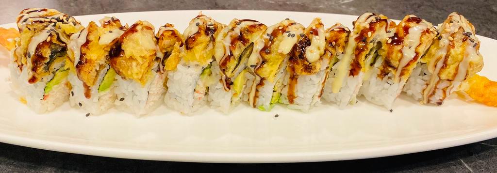 Sumo Delight Sumo Special · Crab, shrimp tempura, cucumber, avocado topped with tempura eel, and special sauce.