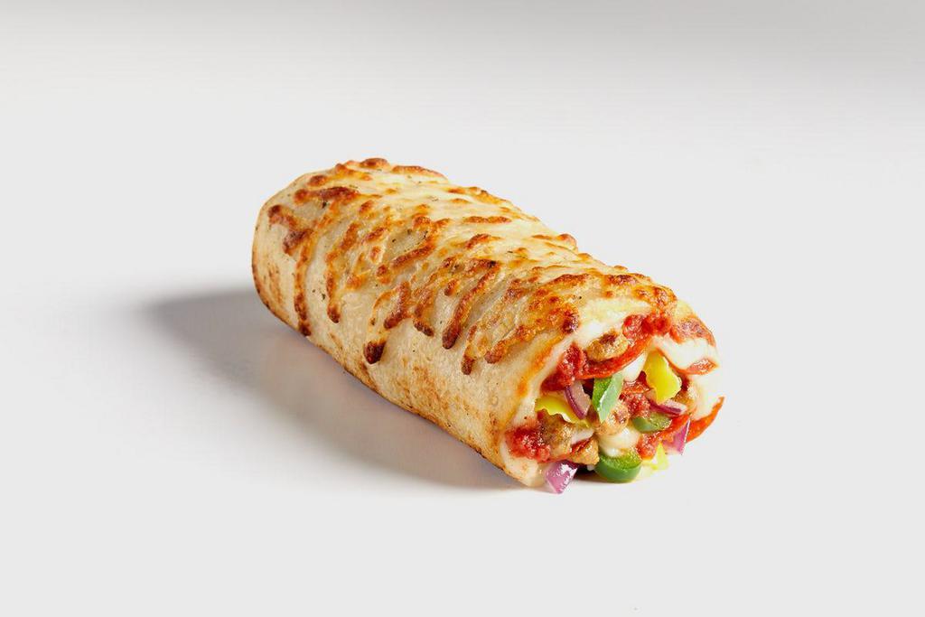 Classic Italian Pie-Ritto · Classic Italian – Red Sauce, Pepperoni, Sausage, Mozzarella, Green Pepper, Banana Pepper, and Red Onion all wrapped in a thin crust. Brushed with herb butter and sprinkled with Mozzarella.