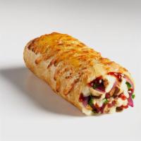 BBQ Chicken Pie-Ritto · BBQ sauce, Mozzarella, Chicken, Red Onion, and Cilantro. Brushed with herb butter and sprink...