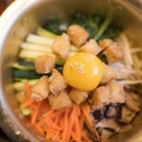 Bibimbap · Traditional BiBimBap (mixed rice) served with sauteed vegetables (Shiitake mushroom, soy bea...