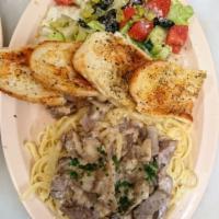 Roma's Tri Tip · Tri tip steak over fettucini pasta with Marsala and mushroom sauce. Served with house salad,...