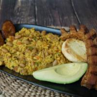 Calentado Típico Colombiano · Typical Colombian Breakfast of refried beans with scrambled eggs, side of Chicharrón, avocad...
