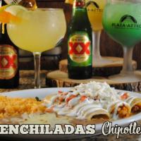 Enchiladas Chipotle · Three enchiladas, one with shredded beef, one ground beef, and one shredded chicken. Topped ...